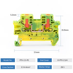 5st PTV 2,5-PE Ground Terminal Block Push-In Sido Entry Cable Wiring Connector Conductor 2,5 mm² DIN Rail PTV2.5-PE