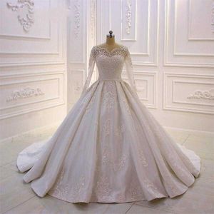 Modestas de mangas compridas árabes vestidos de noiva de renda vestidos de bola puffy sheer jóia gola aplica miçangas de casamento vestidos de noiva BC2417