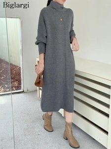 Casual Dresses Autumn Winter Pullover Midi Knitted Dress Women Loose Korean Fashion Ladies Long Sleeve Woman Sweaters 2024