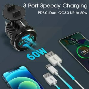 12 V/24 V Triple Aluminium Metall 60W USB-C Multiple Car mit QC3.0 Anschlüssen Zwei Adapter-Ladegerät Socket Schneller PD3.0 Schalterauto auf P7Y8