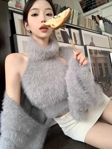 Kvinnors stickor Y2K Grunge Turtleneck ärmlösa tröjor Vest Women 2024 Autumn Long Sleeve Cardigan Mujer Grey Fluffy Two Piece Sets