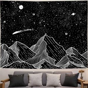 Tapisserier Mountain Tapestry Moon Wall Hängande svartvitt för sovrum Estetiskt hemrumsdekor