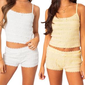 Home Clothing Women Sommer 2 Piece Camis Shorts Sets Märchen -Spitzenverkleidung Slip Camisol mit niedrig