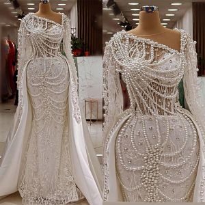 Vintage Pearls Meerjungfrau Hochzeitskleid sexy Glitzer Spitze Perlen arabische Trompete Vollhülle Brautkleider Robe BC18606