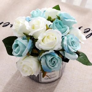 Flores decorativas Simulação Planta verde Arranjo de flores artificial Rosas de seda Bunco de casamento Home sala de estar jardim pequeno rosa