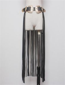 Fantastiskt långa fransbälte svarta designerbälten för kvinnor faux läder långa tofsar dubbel guldstift spännbältet på trendig x031965584