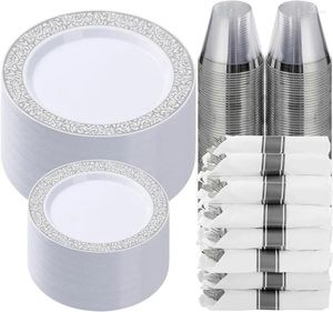 Disposable Dinnerware 350 Piece Silver Plastic Set For 50 Guests Lace Plates Include Dinner Dessert