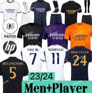 23/24/25 Bellingham Vini Jr Jerseys de futebol mbappe tchouameni 23 24 25 Camisa de futebol Real Madrids Camavinga Rodrygo Modric Camisetas Men Kit Kit Uniforms Jogador de fãs