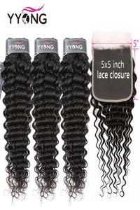 Yyong 34 Deep Wave Bundly WITA 5X5 LACE COLUCHIURY 830 Inch Peruvian Remy Human Hair Stängning med buntar Dubbel Strong Weft4144698