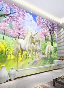 Custom 3D Mural Wallpaper Unicorn Dream Cherry Blossom TV Background Wall Pictures For Kids Room Bedroom Living Room Wallpaper1148401