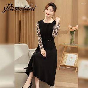 Casual Dresses JiuMeiDai-A-Line Floral Print Dress For Women Patchwork Robe Retro Designer Party Clothing Elegant Office Lady Spring