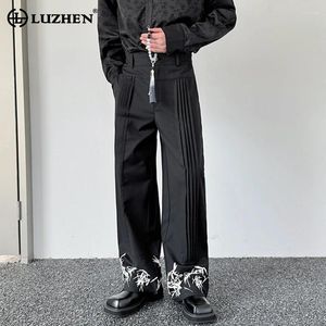 Mäns byxor Luzhen Spring Pleated Splicing Printed Design Straight Suit 2024 Fashion Original Men Street Wide Leg Trousers LZ1757