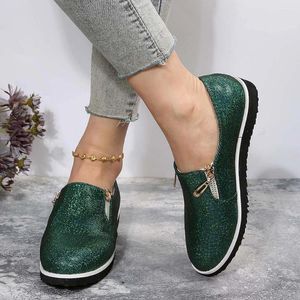 Casual Shoes 2024 Zipper Flat Bottom Women's Sports Sequin With Golden/Green Non-Slip Soft Sole Sneaker