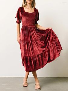 Festklänningar kvinnor elegant lång klänning Autumn Summer Half Sleeve fyrkantig hals hög midja sammet flytande veckad swing sundress prom