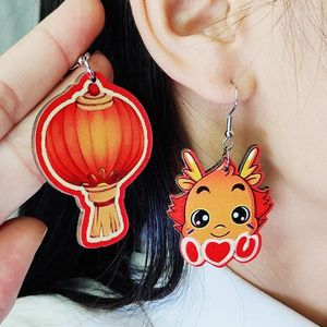 Dangle Earrings Red Color Vintage Lantern Firecracker Treasure Heart Lock For Women Girls Autumn Winter Wooden Gifts