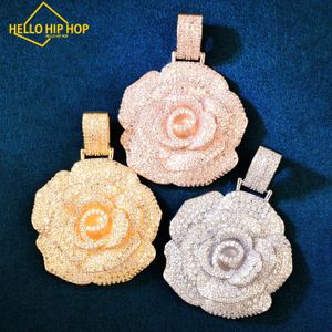 Rose Flower Pendant for Women Copper Charm Iced Out Zircon Fashion Hiphop Necklace Chain Gold Color Rock Jewelry Gift