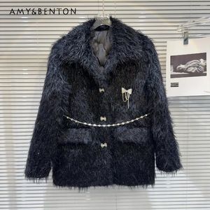 Women's Jackets High-End Sweet Bow Pin Thickened Imitation Fur Furry Coat Female Elegance Lapel Oversized Jacket Korea Fashion Ins