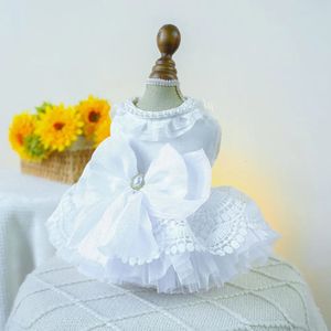 Breathable Dog Clothes for Weddings Elegant Lace Pet Wedding Dress Small Medium Dogs Princess Apparel with Pearl 240412
