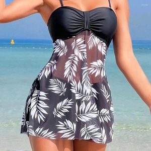 Women's Swimwear Mesh Splicing Design Swimsuit Stylish Summer Set With Adjustable Straps Hem Bandeau Tops High For Beach