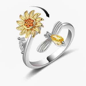 Fashion Rotatable Sunflower Cuff Ring Gold Plated Relieve Stress Anxiety Jewelry