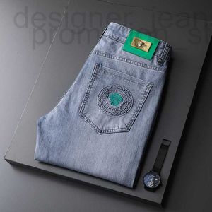 Men's Jeans designer Medusa High end Spring/Summer New Light Color Emblem Water Ghost Green Elastic Slim Fit Small Feet Pants Trendy Brand BWX9 GLVT