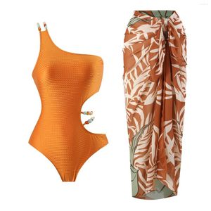 Kvinnors badkläder Sexig baddräkt i ett stycke kjol Kvinnor En axel klippta ut pärlor kroppsdräkter Push Up Bathing Suit Beach Swim Pool 2024