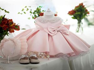 Flicka039s klänningar vita bröllop satin prinsessa baby flickor klänning pärla bow födelsedag kväll fest spädbarn för flicka gala barn kläder4472912