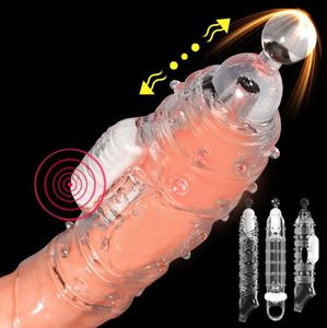 Massage Extensions Toy Penis Sleeve Manlig utvidgningsfördröjning Vibrator Klitor Massager Cock Ring vibrerande Täck Vuxen sexleksaker för Men6313193