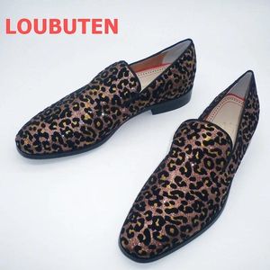 Casual Shoes Italy Style Svart Suede Men Leopard tryck Guld Glitter Loafers Luxury Slip on Men's Party and Banket
