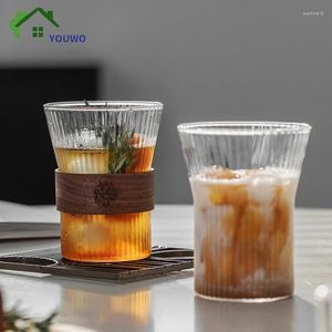 Wine Glasses Striped Glass 2pcs Cup Set With Wood Chips Heat Insulation Household Juice Drink Milk Teacup For Latte Cappuccino Water