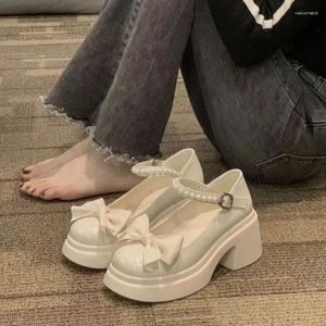 Elbise Ayakkabı 2024 İlkbahar Yaz Kapalı Toe Sandals Bow Pearl Mary Jane Yüksek Topuklu Kadın Tıknaz Topuk Pompaları Kawaii Platform Ayakkabı