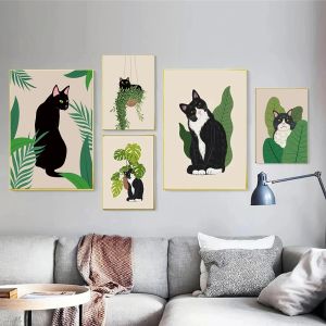 Presentes de amantes de gatos Poster de gato preto engraçado pinturas de plantas verdes de tela impressão boho estilos de parede de parede decoração de casa para quarto