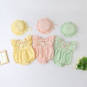 Bebek Rompers Çocuk Giysileri Bebekler Tulum Yazımı İnce Yenidoğan Çocuk Giyim Şapka Pembe Sarı Yeşil M4n8#