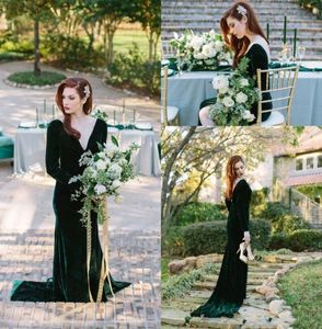 Custom Emerald Green Velvet Evening Dresses Long Sleeve Deep V Neck Backless Long Mermaid Party Gowns Plus Size Prom Dresses3186876