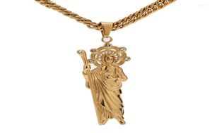 Pendant Necklaces Top Quality Gold Tone Jesus Piece Necklace Stainless Steel Holding Wands Catholic Jewelry4056140