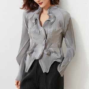 Women's Jackets COZOK Wave Neck Long Sleeved Spring Cardigan Short Pleated Solid Color Temperament Jacket WT51202