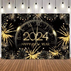 2024 New Year Party Backdrop Firework Clock Champagne Bokeh Photocall Celebrate Party Decor Banner Background Photobooth Props