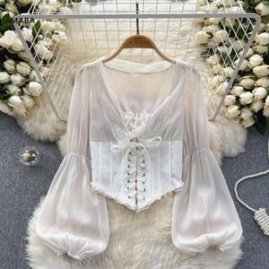 Women's Blouses 2024 Fashion Gorgeous Lace Chiffon Patchwork Shirt Top Women V-neck Puff Sleeves Slim Up Sweet Court Short