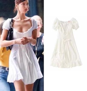 Boho Loveshackfancy Sonbahar Elbise Beige Kısa Kollu Ruffles İnce Tatil İns Blogcular Özel İlgi Mini Kadınlar1248785