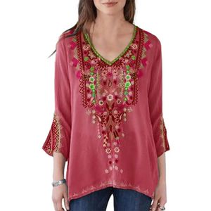 Women Blouse Vintage Ethnic Print V Neck Spring Autumn Flare 34 Sleeve Boho Shirts Top Ladies Elegant Blouses Streetwear 240412