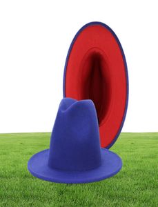 Gemvie fedora hatt med röd randen dubbel färg ull filt hatt för kvinnor panama gamble wide brim jazz cap 2020 new9512656