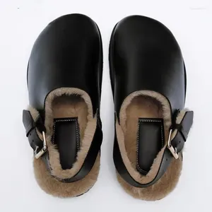 Casual Shoes Korean Fashion Women's Black Leather Slingbacks förtjockar päls lata halv tofflor kvinna loafers zapatos mujer