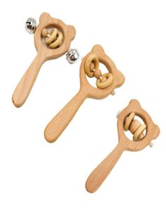 DIY Beech Baby Teether Wooden Bear Rabbit Owl Bell Rattle Crafts Kids Toys Newborn Molars Teething Toy Beading Rope Handle 4mj G22464010