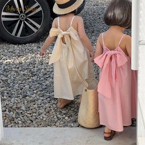 Fashion Baby Girl Princess Cotton Strap Dress Bow Infant Toddler Child Suspender Vestido Solid Color Summer Baby Clothes 1-10Y 240329