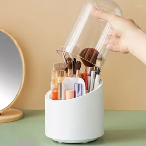 Lagringslådor Makeup Tool Box med lock Rotera kosmetisk borsthållare Fodral Dammsäker skrivbordsarrangör Läppstift Eyebrow Pencil