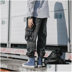 Mens Jeans Japanese Fashion Men Loose Fit Black Gray Big Pocket Cargo Pants Vintage Designer Streetwear Hip Hop Joggers279Y Drop Deliv Otu1R