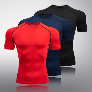 T-shirts Komprimering Men löpning skjorta fast färg rund hals t-shirt kort ärm gym topp sport muskel skjorta snabbtorkning träning topp