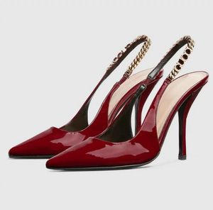 Elegant varumärke Slingbacks Signoria Kvinnor Sandaler Skor Patent Läder Slingback Wine-Red Black Summer High Heels Party Wedding Pointed Toe Lady Pumps