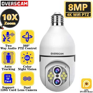 IP Kameralar 10x PTZ Zoom 4K 8MP WiFi E27 Ampul Güvenlik Bebek Monitörü Kablosuz Otomatik İnsan İzleme Çift Lens Işık İzleme Camerac240412