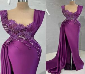 2022 Plus Size Arabic Aso Ebi Purple Mermaid Luxurious Prom Dresses Pärled Crystals Evening Formal Party Second Reception Födelsedag1980298